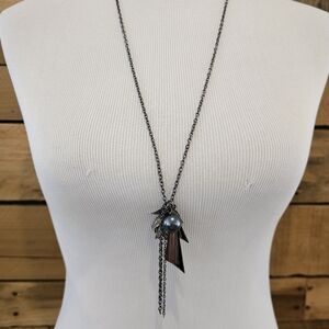 Long Gunmetal-tone Statement Necklace W/ Grey Pearl, Fringe, Leaves, Geometric